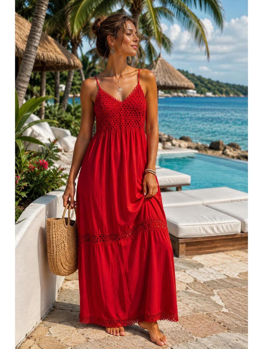 Solitaire Swim Red Crochet Maxi Cover Up Dress L Resort Vacation Boho Rayon